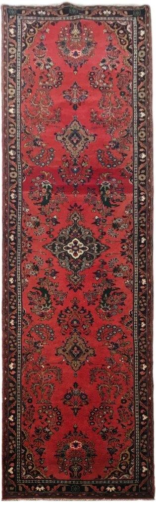 3.7 x 14.5 Hamadan-style hand-knotted wool runner in red, full length top view