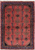 3.7 x 5 tribal Hamadan-style hand-knotted wool rug in pink red, top view