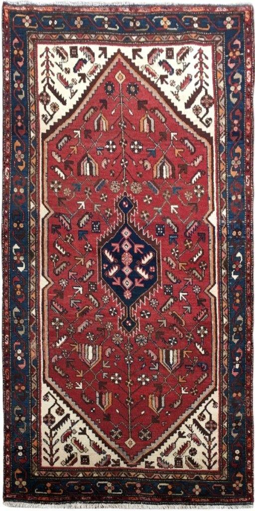 3.7 x 6.4 hand-knotted hamadan-style wool rug, top view