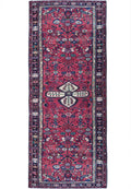 3.8 x 12.8 Hamadan-style hand-knotted wool runner with red floral detail, top view