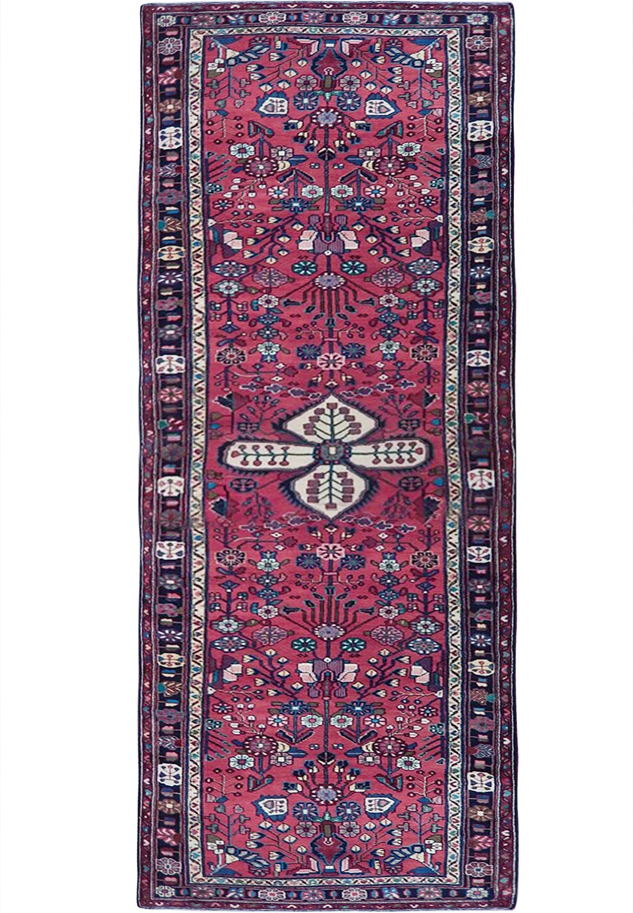 3.8 x 12.8 Hamadan-style hand-knotted wool runner with red floral detail, top view