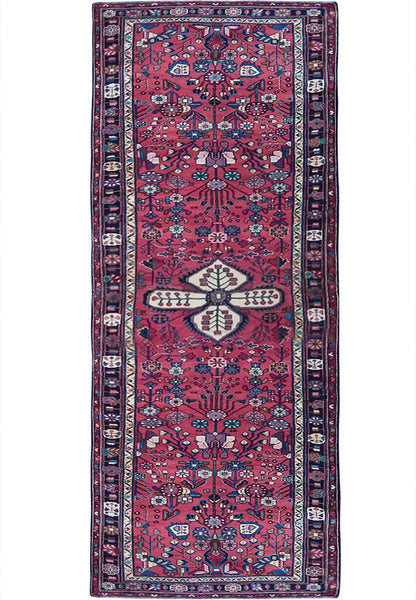 3.8 x 12.8 Hamadan-style hand-knotted wool runner with red floral detail, top view