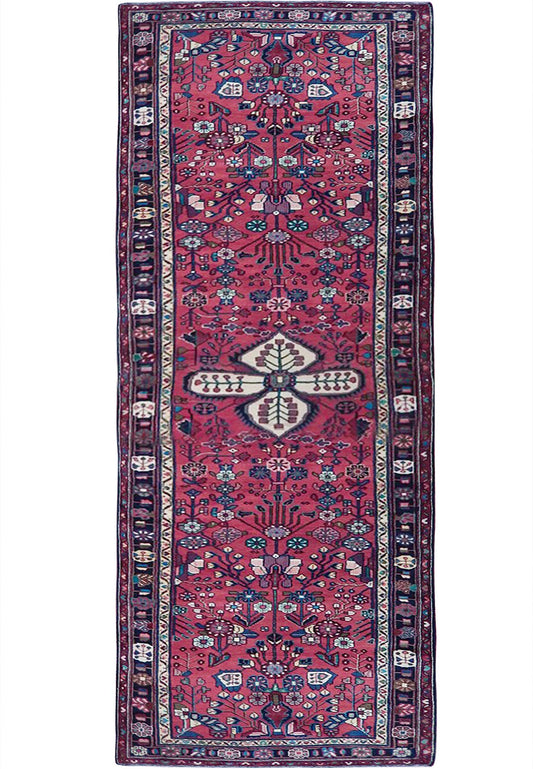 3.8 x 12.8 Hamadan-style hand-knotted wool runner with red floral detail, top view