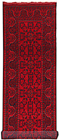 3 x 10 Afghan Khal Mohammadi hand-knotted tribal wool runner in dark red, top view