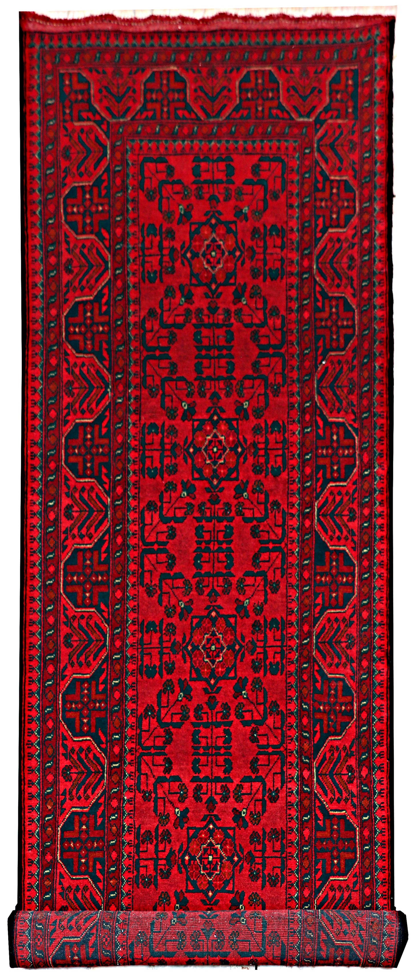 3 x 10 Afghan Khal Mohammadi hand-knotted tribal wool runner in dark red, top view