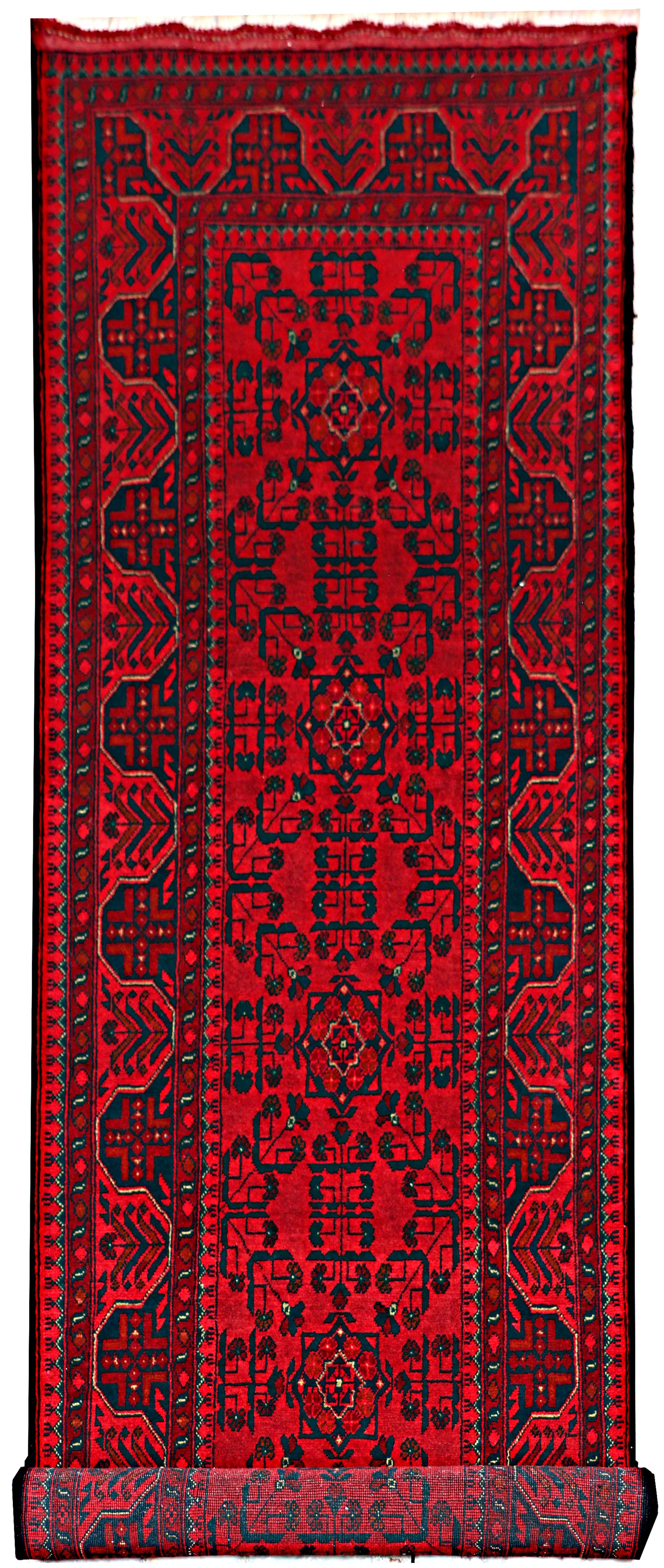 3 x 10 Afghan Khal Mohammadi hand-knotted tribal wool runner in dark red, top view