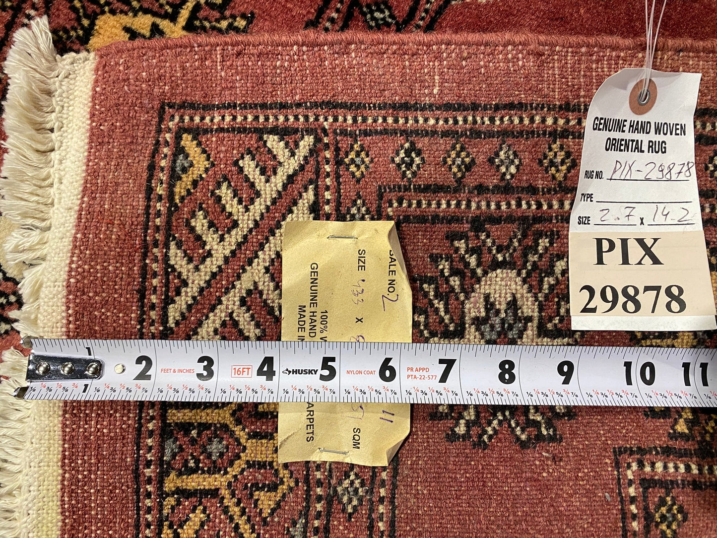 Bokhara 14-foot runner, pile texture showing dense Turkmen knots