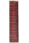 3 x 14 Bokhara hand-knotted wool long runner in red, full length top view