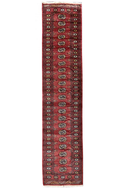 3 x 14 Bokhara hand-knotted wool long runner in red, full length top view