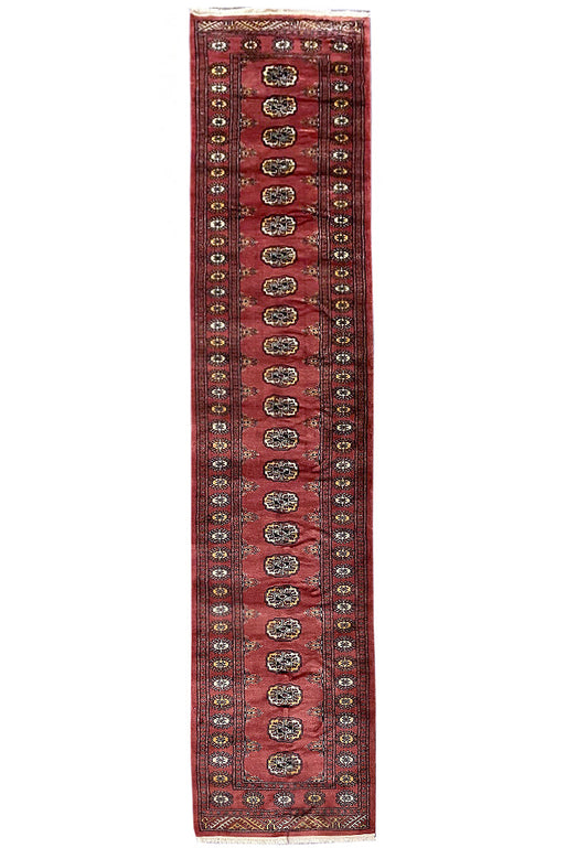 3 x 14 Bokhara hand-knotted wool long runner in red, full length top view