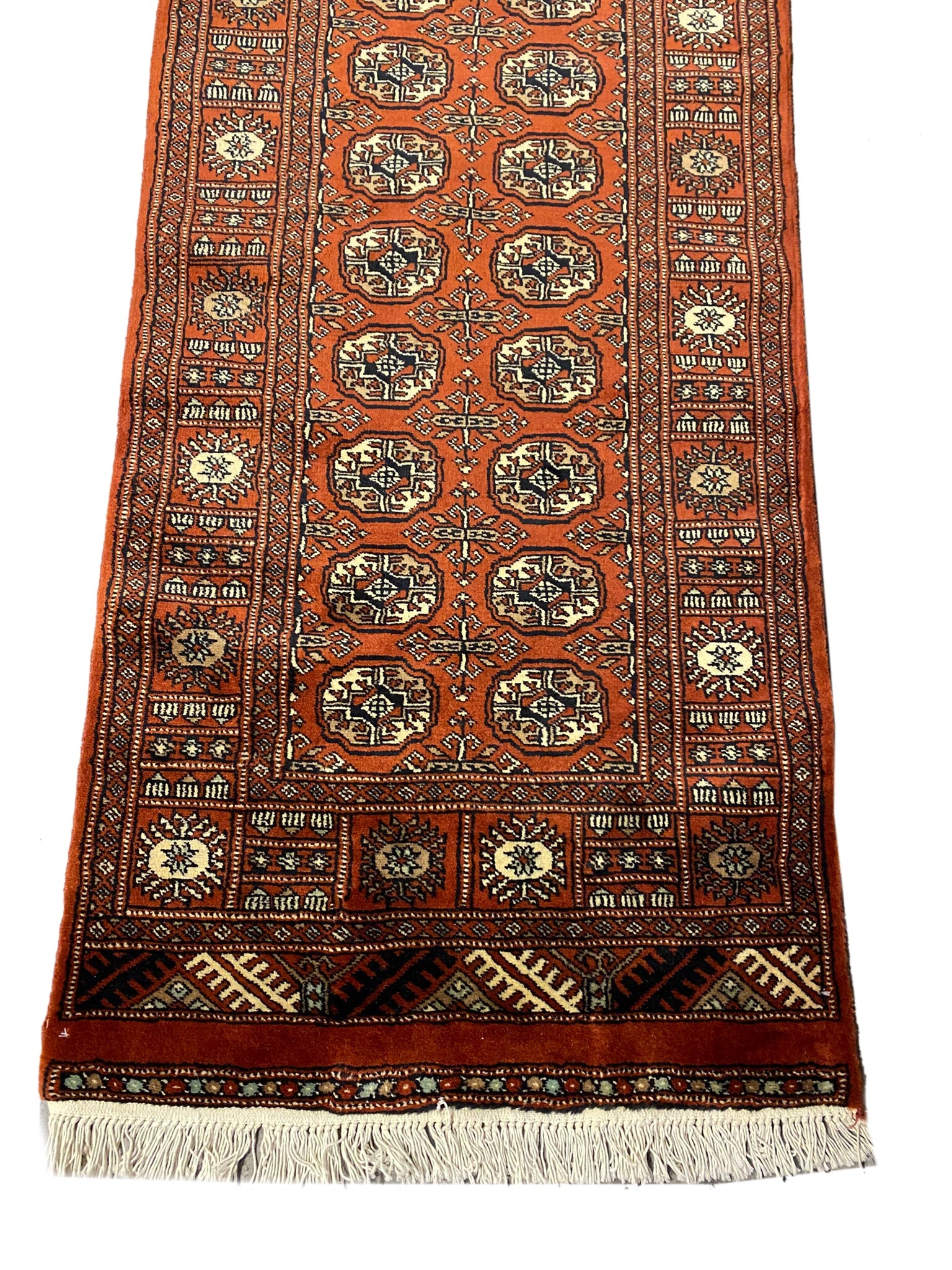 Bokhara 18-foot runner, end-finish and fringe detail
