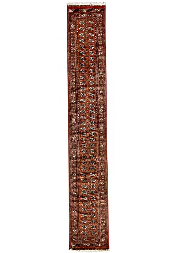3 x 18 Bokhara hand-knotted wool extra-long runner in red, full length top view