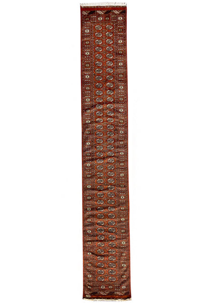 3 x 18 Bokhara hand-knotted wool extra-long runner in red, full length top view