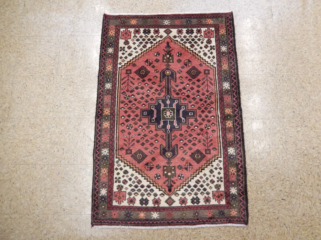 Pink Hamadan-style small rug, central medallion close-up in red and ivory