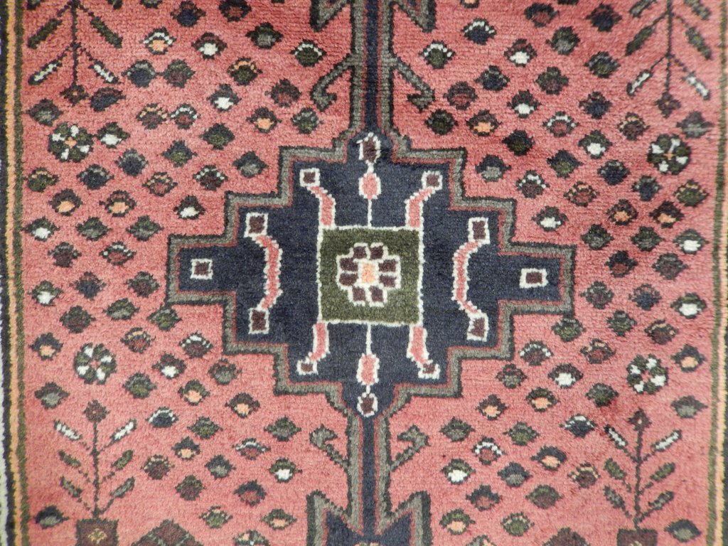 Pink Hamadan-style small rug, border pattern close-up