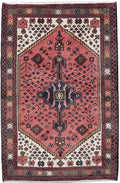 3 x 4.9 Hamadan-style hand-knotted wool rug in soft pink with geometric medallions, top view