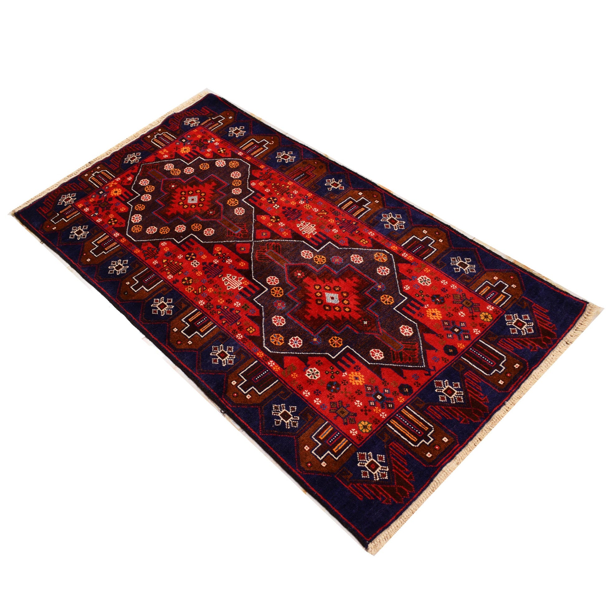 3 x 5.3 hand-knotted baluch tribal wool rug, corner detail