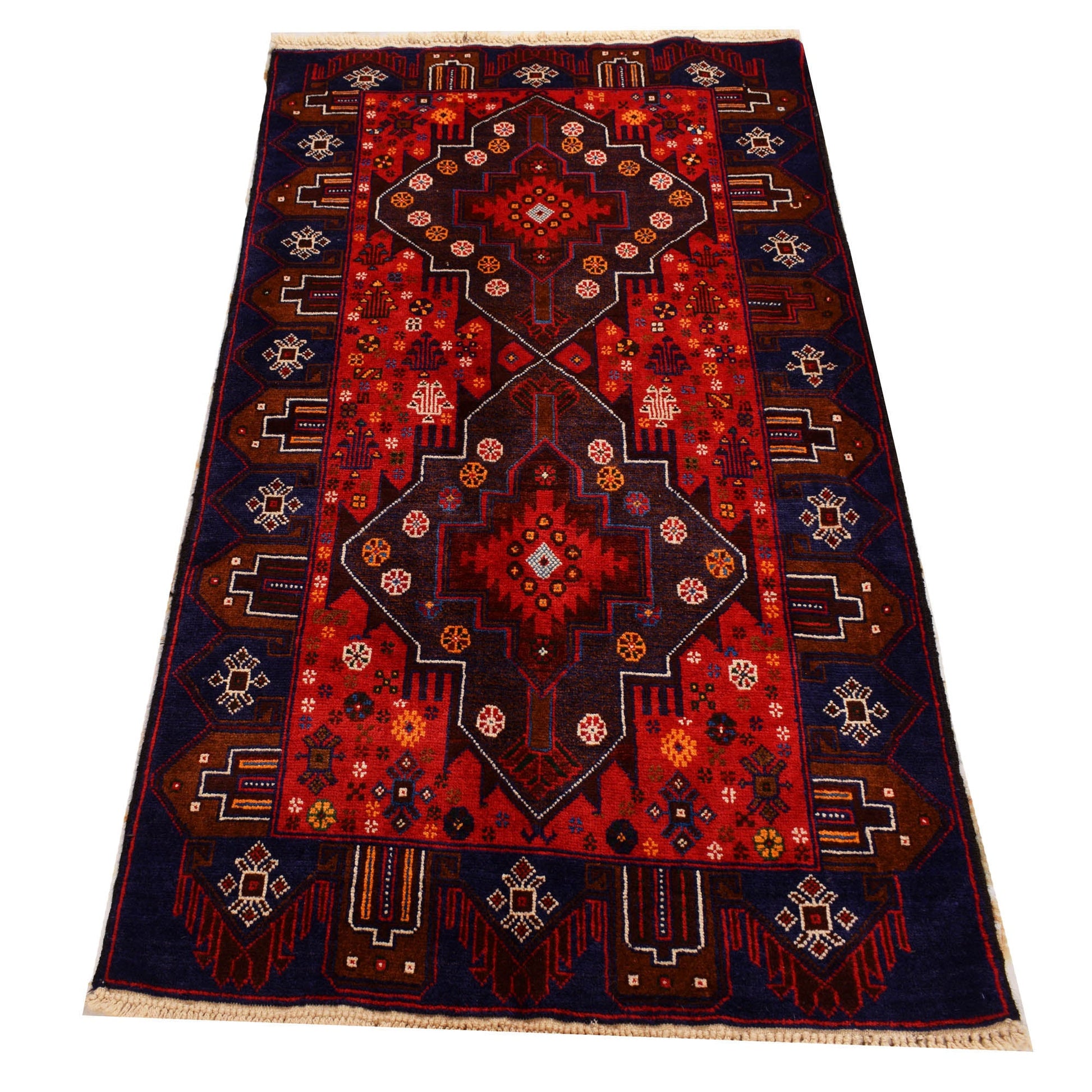 3 x 5.3 hand-knotted baluch tribal wool rug, full layout view