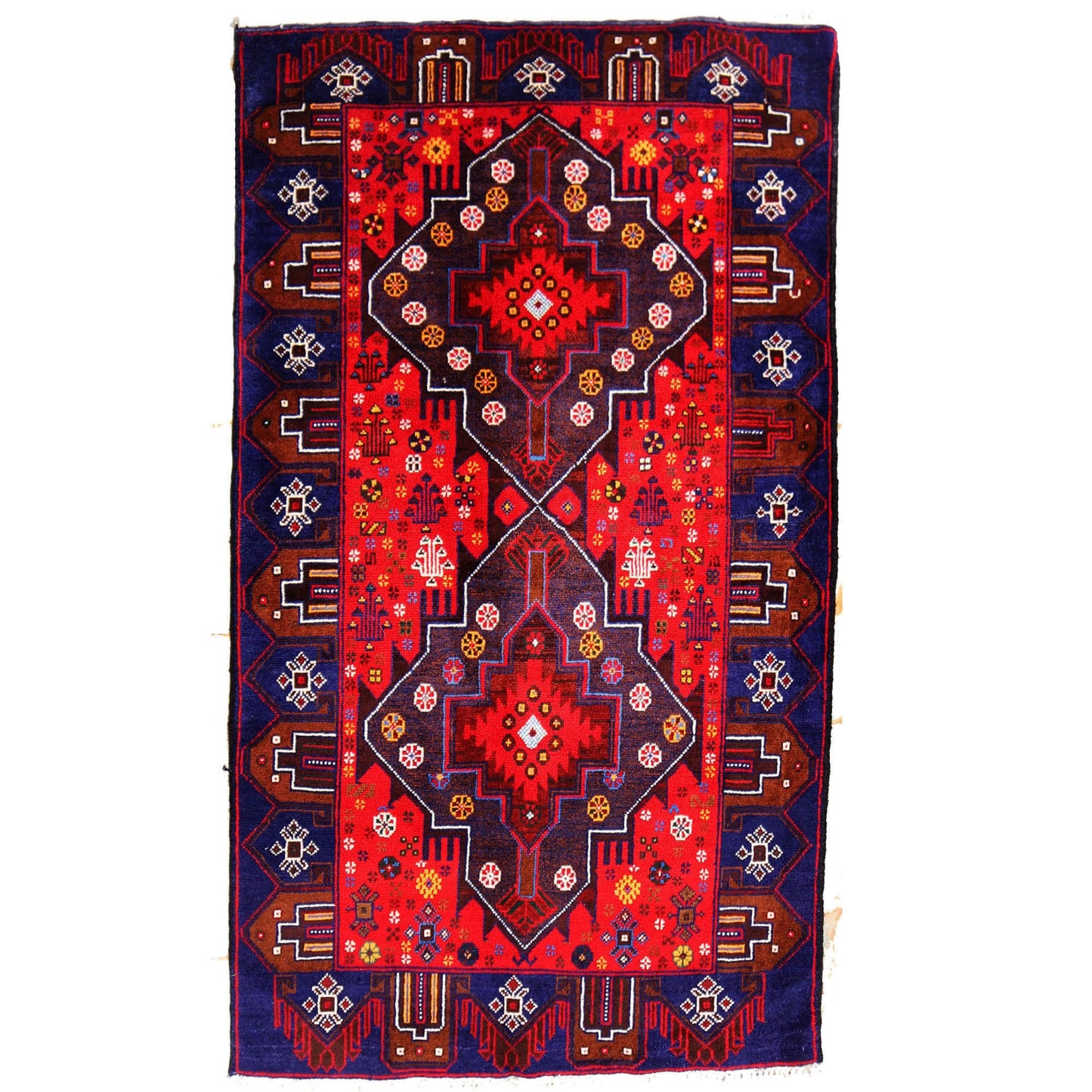 3 x 5.3 hand-knotted baluch tribal wool rug, top view