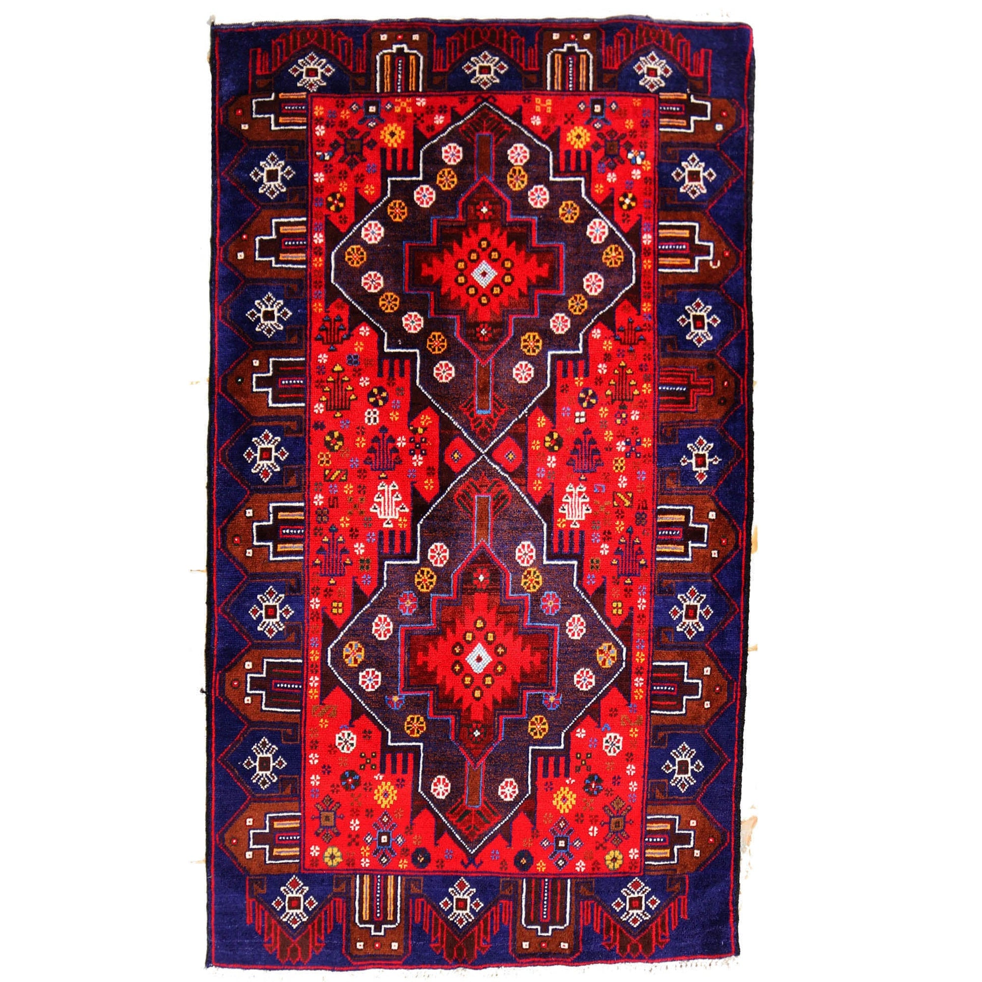 3 x 5.3 hand-knotted baluch tribal wool rug, top view