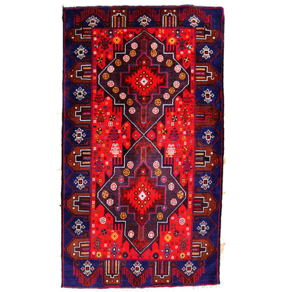 3 x 5.3 hand-knotted baluch tribal wool rug, top view