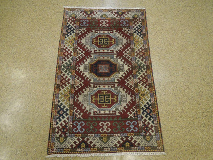 3 x 5 hand-knotted kazak wool rug, pile detail showing wool texture