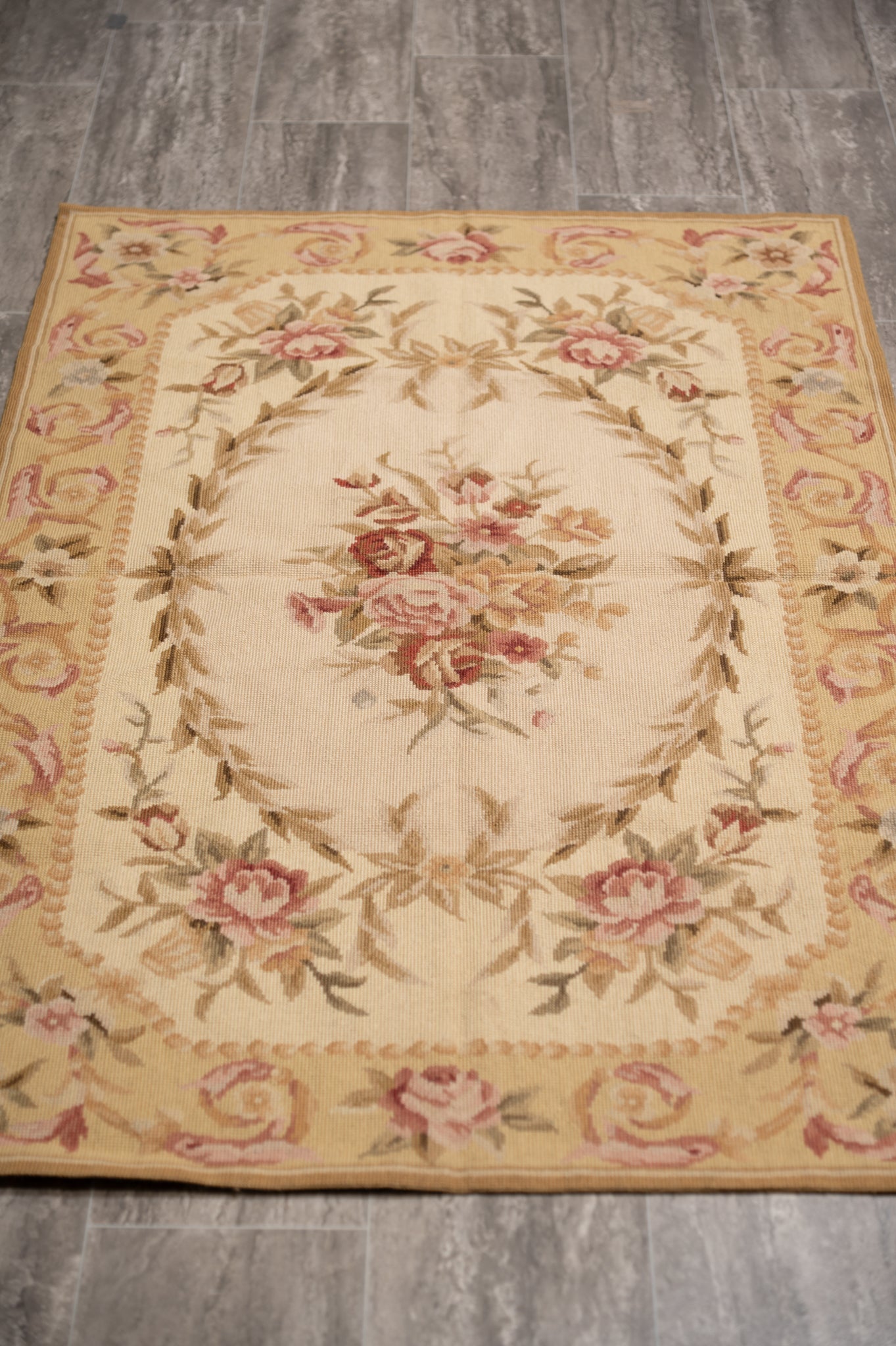 Aubusson needlepoint small rug, needlepoint stitch detail