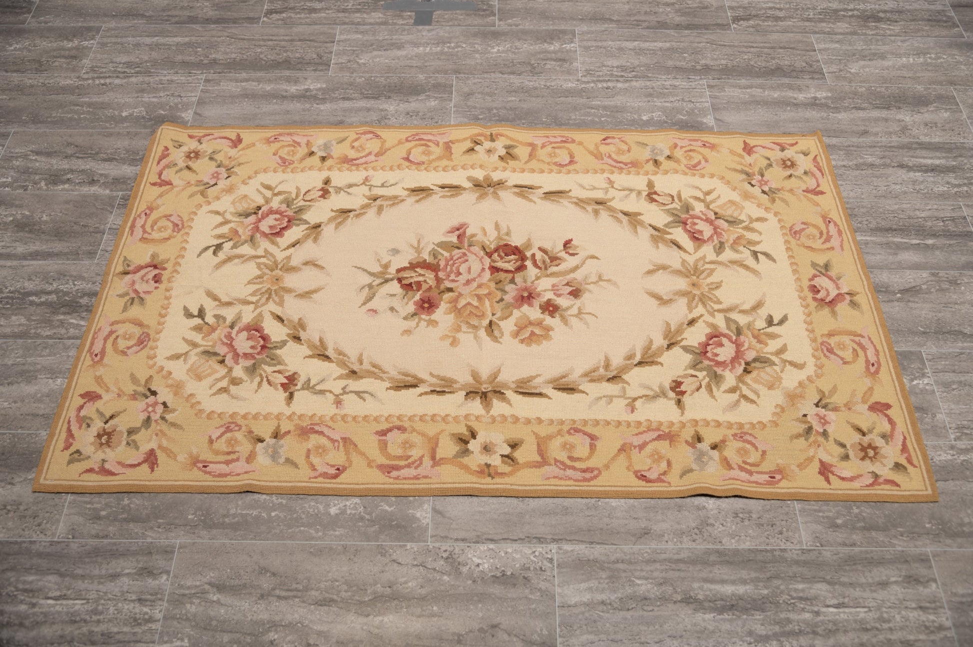 Aubusson needlepoint small rug, French floral border detail