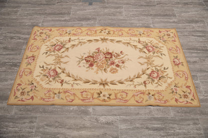 Aubusson needlepoint small rug, French floral border detail