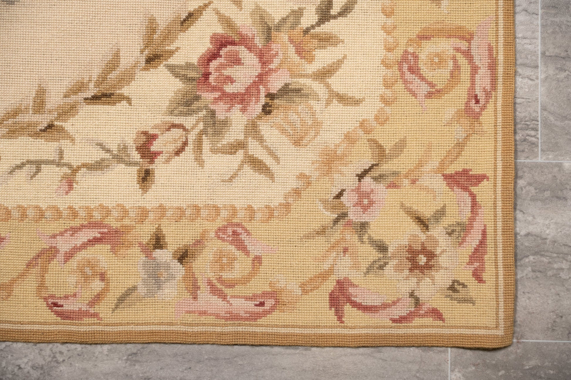 Aubusson needlepoint small rug, corner motif with curvilinear arabesques