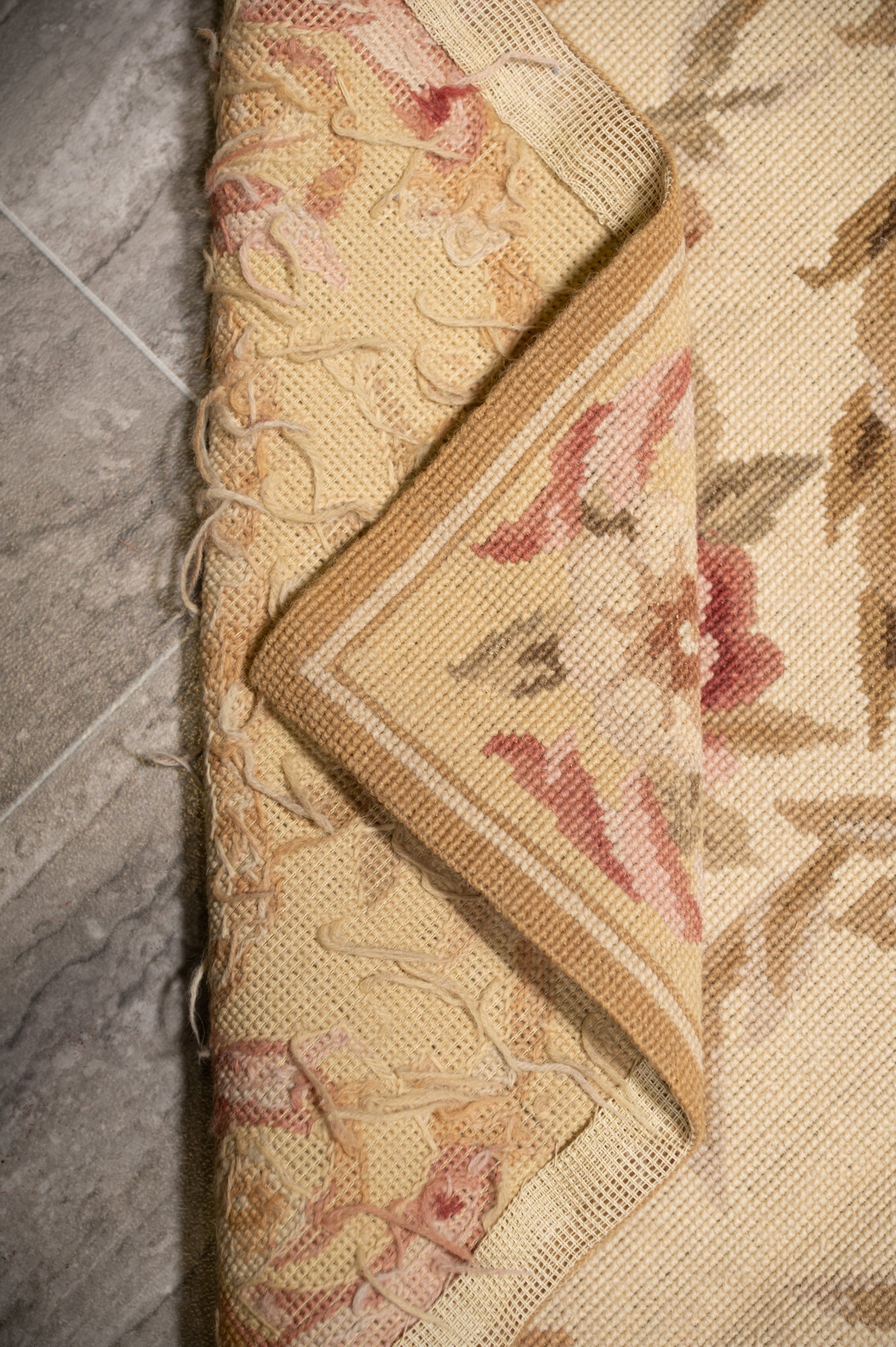 Aubusson needlepoint small rug, secondary floral close-up