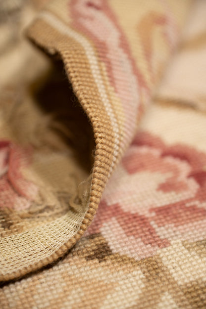 Aubusson needlepoint small rug, color balance close-up of beige and sage