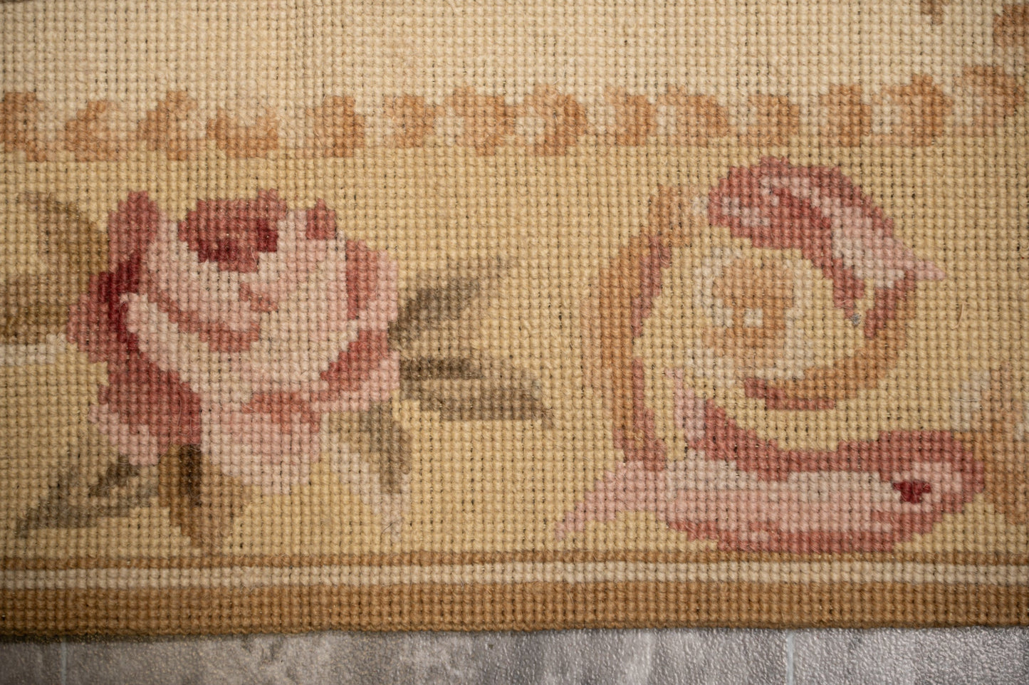 Aubusson needlepoint small rug, third floral motif close-up