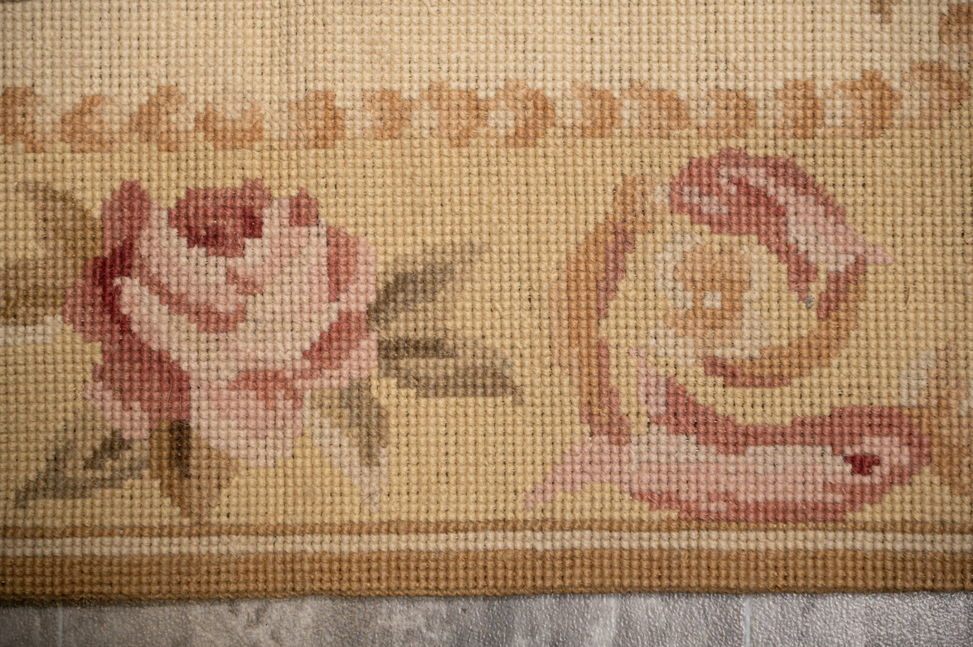 Aubusson needlepoint small rug, third floral motif close-up