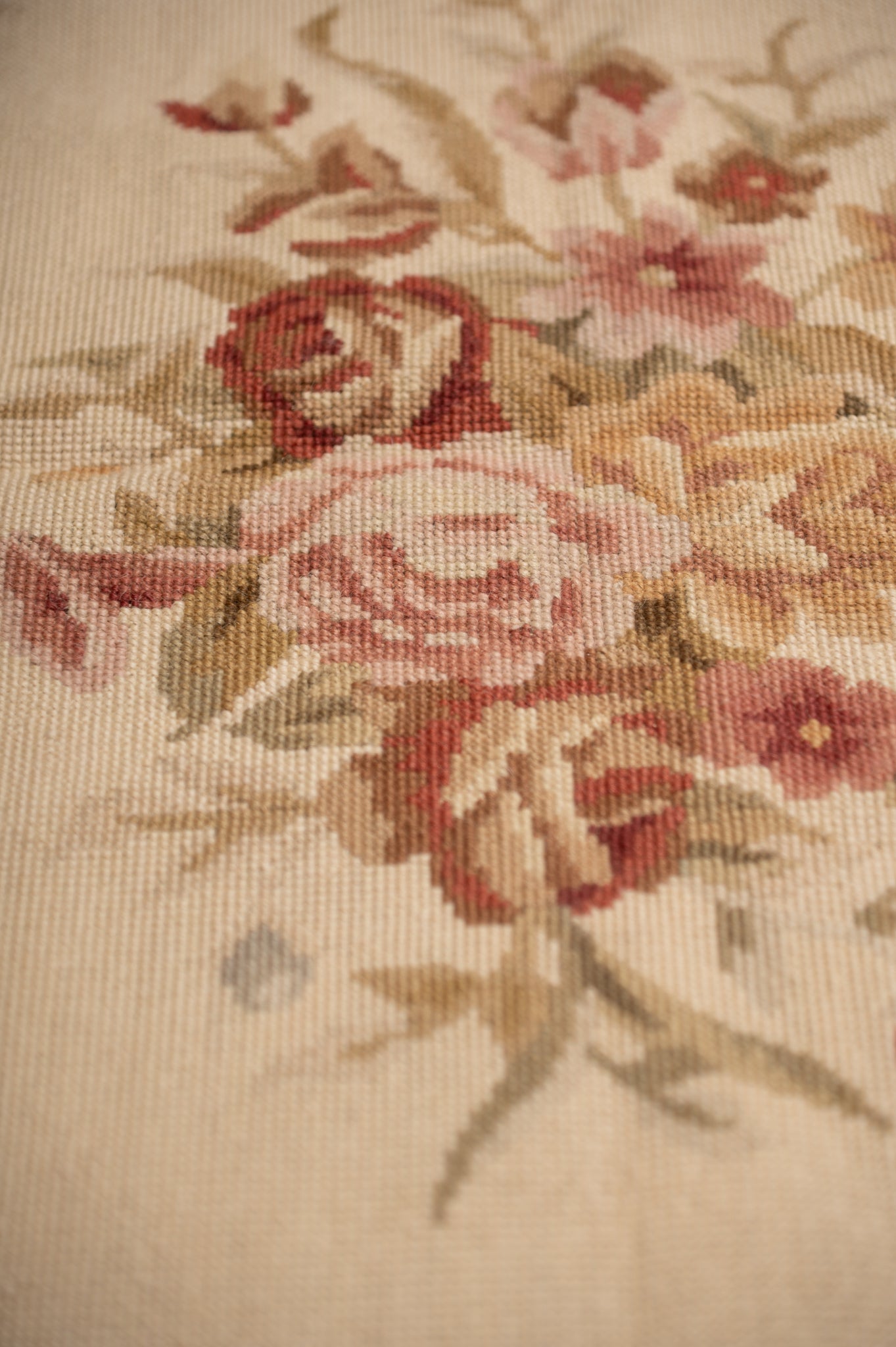 Aubusson needlepoint small rug, weave texture showing flat-weave construction