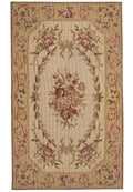 3 x 5 French Aubusson needlepoint flat-weave wool rug in beige and sage, top view