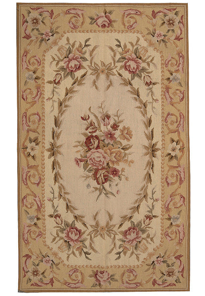 3 x 5 French Aubusson needlepoint flat-weave wool rug in beige and sage, top view