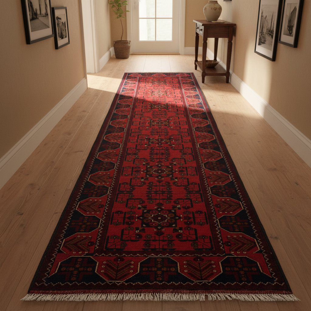 Afghan wool runner visualized in a styled entryway setting
