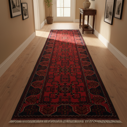 Afghan wool runner visualized in a styled entryway setting