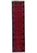 3 x 9.5 Afghan hand-knotted wool runner in deep red and black, top view