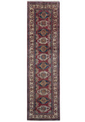 3 x 9 Kazak hand-knotted wool runner in multi-color tribal pattern, top view