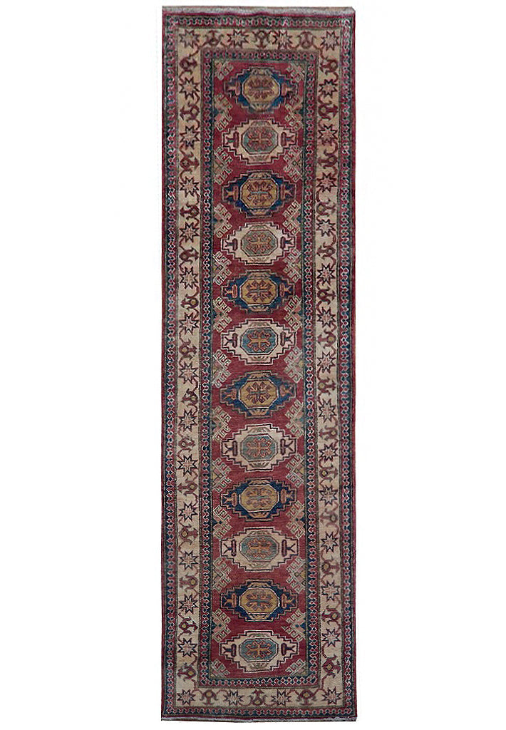 3 x 9 Kazak hand-knotted wool runner in multi-color tribal pattern, top view