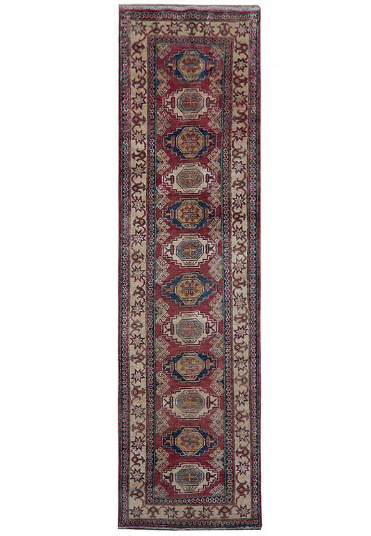 3 x 9 Kazak hand-knotted wool runner in multi-color tribal pattern, top view