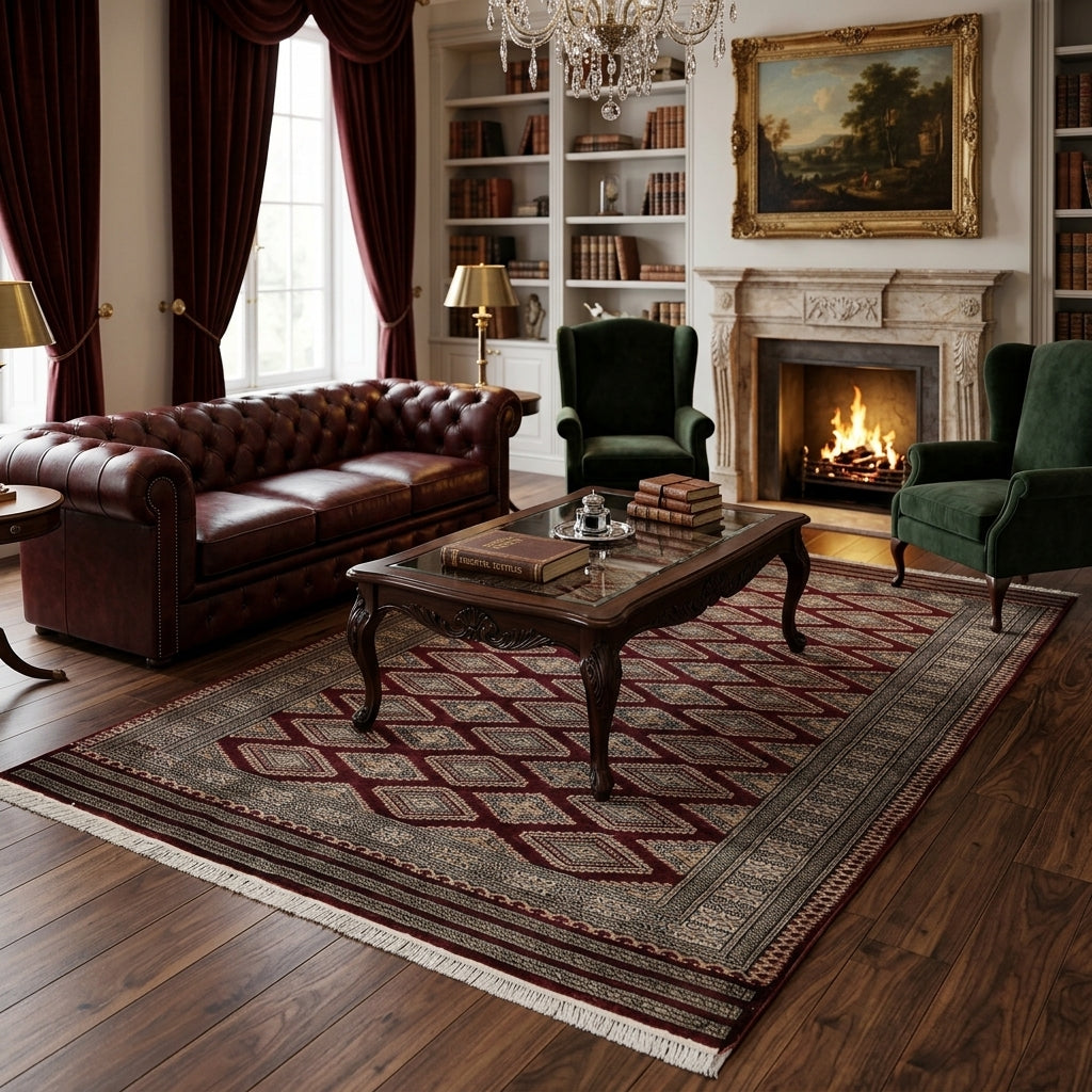 4.3 x 6.5 hand-knotted jaldar bokhara wool rug, detail of pattern