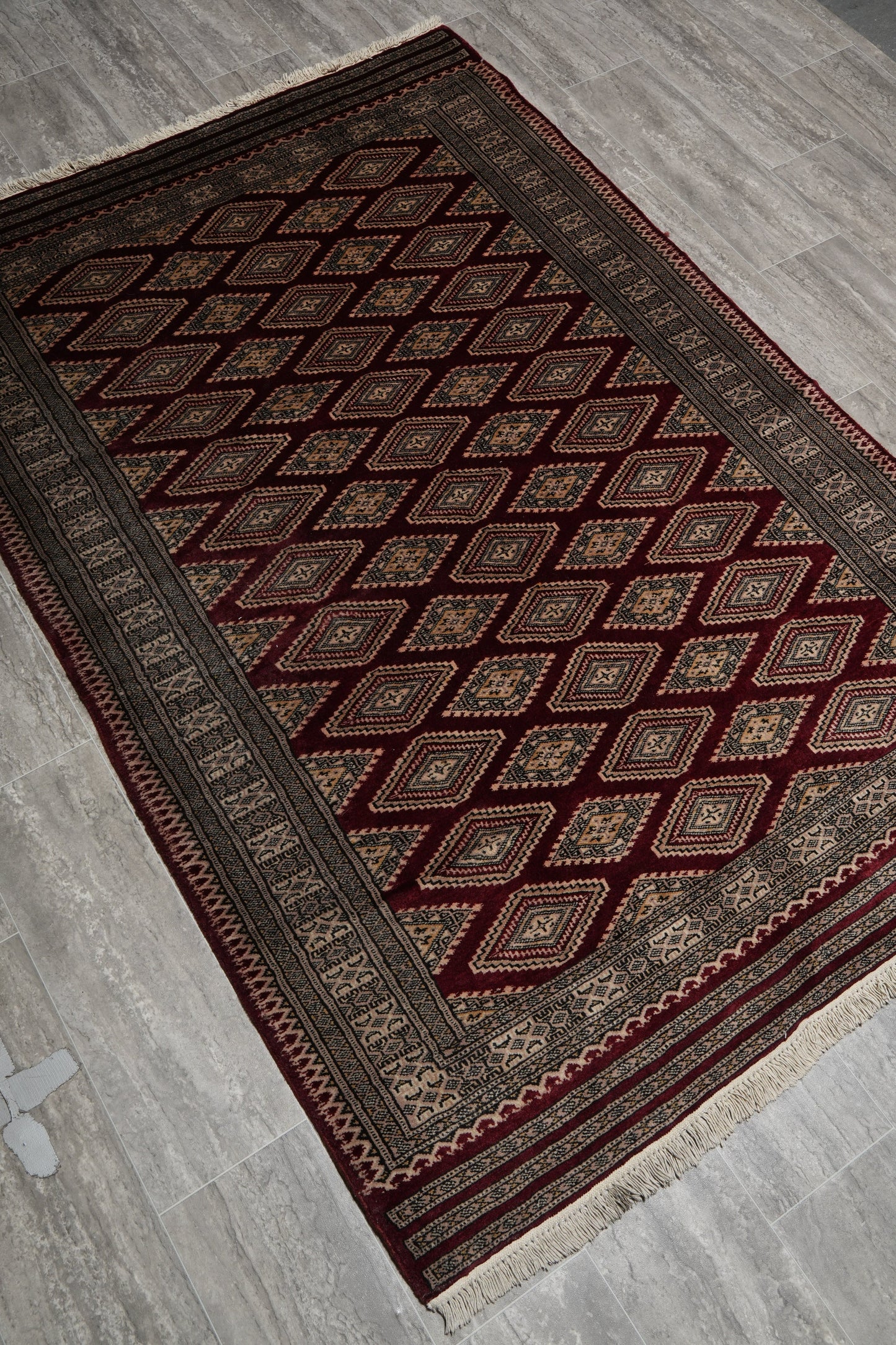 4.3 x 6.5 hand-knotted jaldar bokhara wool rug, full layout view