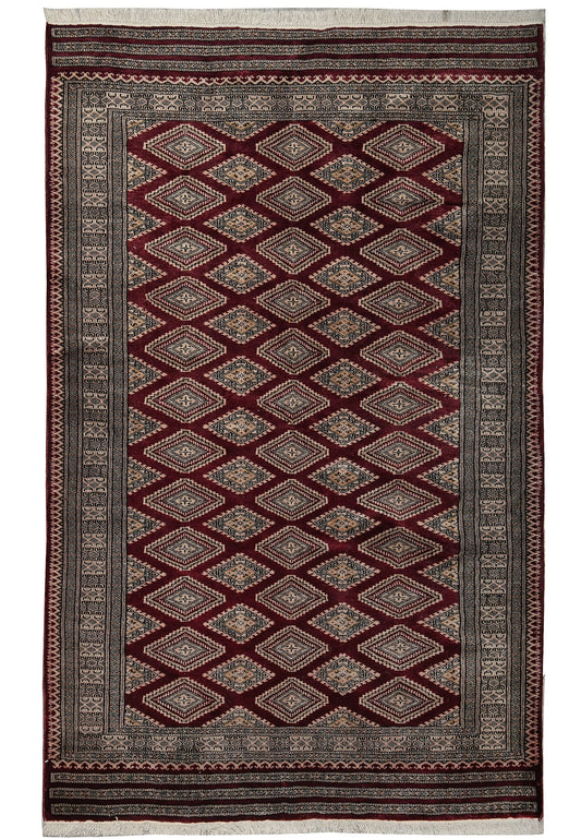 4.3 x 6.5 hand-knotted jaldar bokhara wool rug, top view