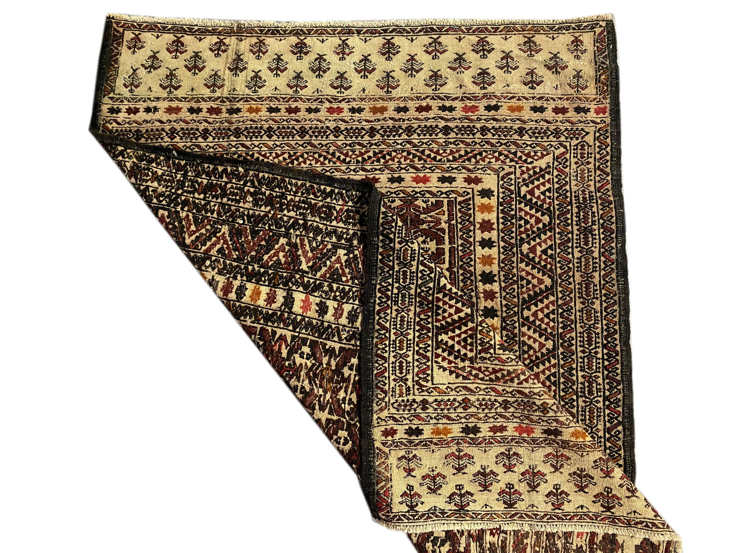 4.4 x 6 hand-knotted baluch tribal wool rug, full layout view