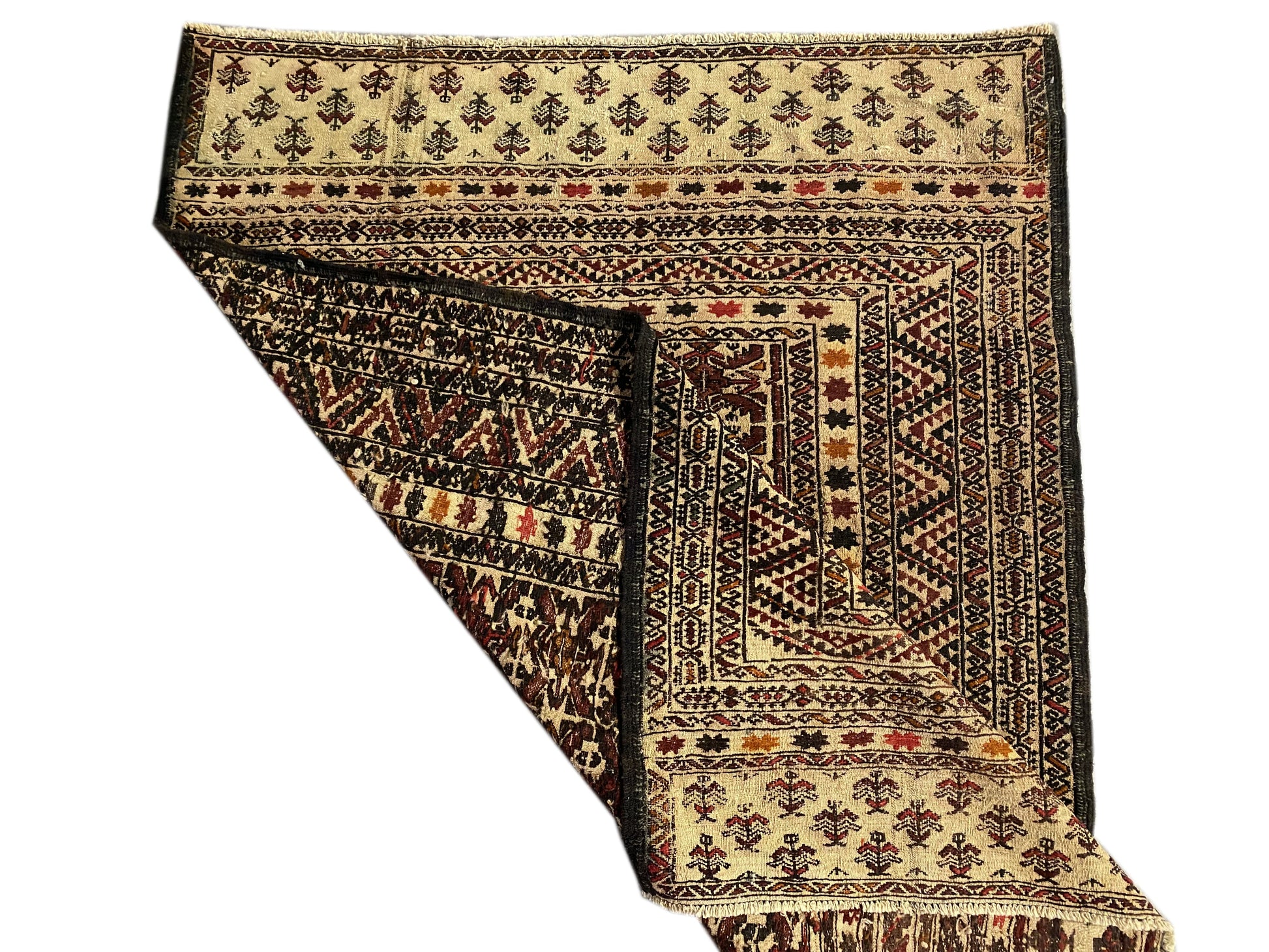 4.4 x 6 hand-knotted baluch tribal wool rug, full layout view