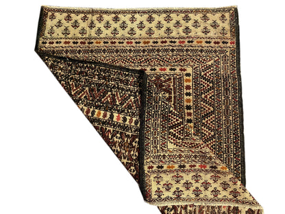 4.4 x 6 hand-knotted baluch tribal wool rug, full layout view