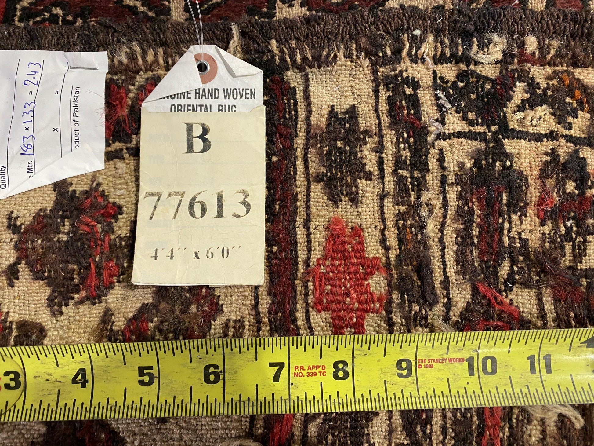 4.4 x 6 hand-knotted baluch tribal wool rug, alternate angle 2